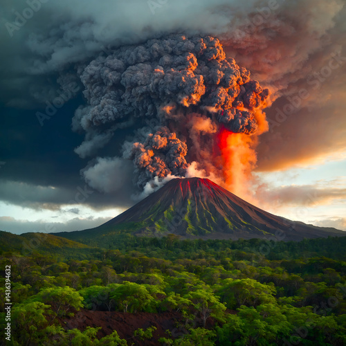 Dramatic Eruption of a Dormant Volcano with Glowing Lava and Smoke Under Stormy Skies – High Resolution Nature Photography.
Generative AI

