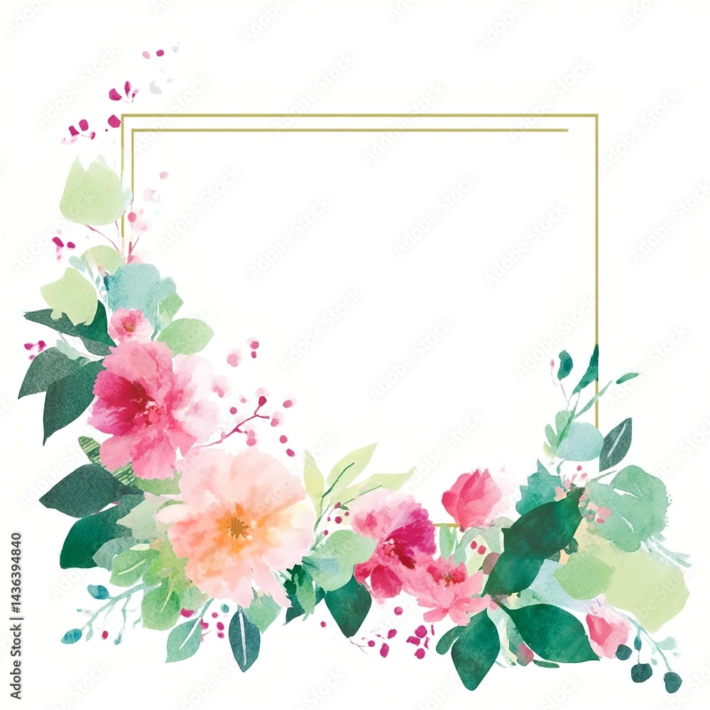 Fototapeta premium Watercolor floral frame, white background, pink and green tones, clipart style, flat design style,