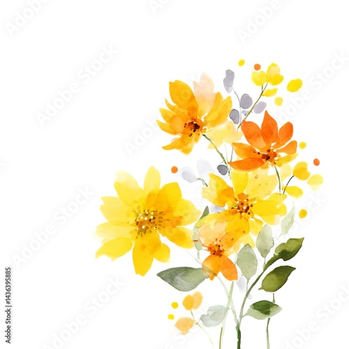 Fototapeta Naklejka Na Ścianę i Meble -  Watercolor painting of yellow and orange flowers on a white background, with a minimalistic, soft