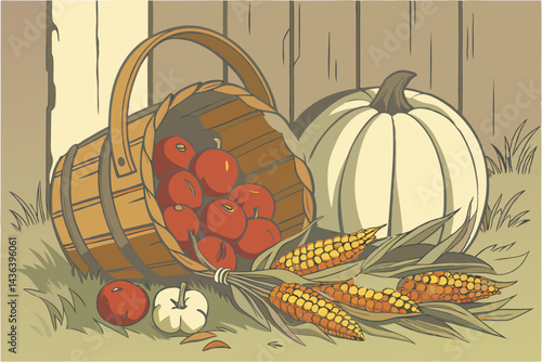 17 Autumn harvest still life, cornucopia, wicker basket, red apples, orange pumpkins, white pumpkins, dried corn cobs, fresh herbs, rustic wooden table, weathered barn wood background, warm lighting, 