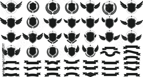 Laurel wreath, shield, wing, ribbon, and banners vector set.