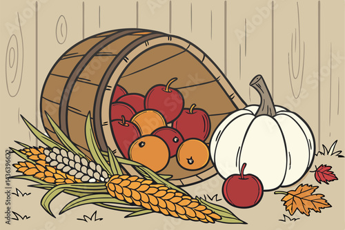 17 Autumn harvest still life, cornucopia, wicker basket, red apples, orange pumpkins, white pumpkins, dried corn cobs, fresh herbs, rustic wooden table, weathered barn wood background, warm lighting, 