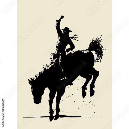 Vintage Cowboy Silhouette on Bucking Horse - Western Rodeo Art - Wild West Cowboy Illustration - Rodeo Cowboy on Horseback 