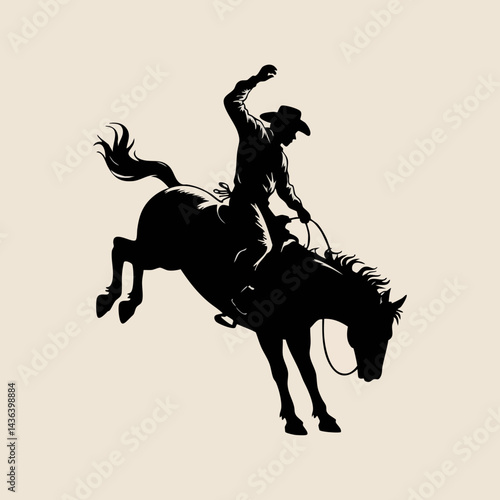 Vintage Cowboy Silhouette on Bucking Horse - Western Rodeo Art - Wild West Cowboy Illustration - Rodeo Cowboy on Horseback 