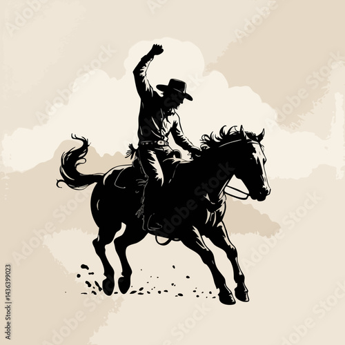 Vintage Cowboy Silhouette on Bucking Horse - Western Rodeo Art - Wild West Cowboy Illustration - Rodeo Cowboy on Horseback 