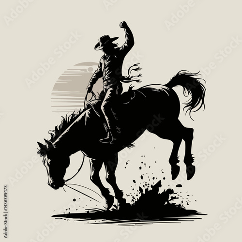 Vintage Cowboy Silhouette on Bucking Horse - Western Rodeo Art - Wild West Cowboy Illustration - Rodeo Cowboy on Horseback 