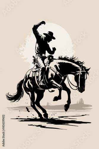 Vintage Cowboy Silhouette on Bucking Horse - Western Rodeo Art - Wild West Cowboy Illustration - Rodeo Cowboy on Horseback 