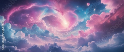 ethereal celestial sky with purple and blue clouds and pink spiral