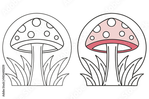 Isolated mushroom outlines line art with grass, single, and pink color element