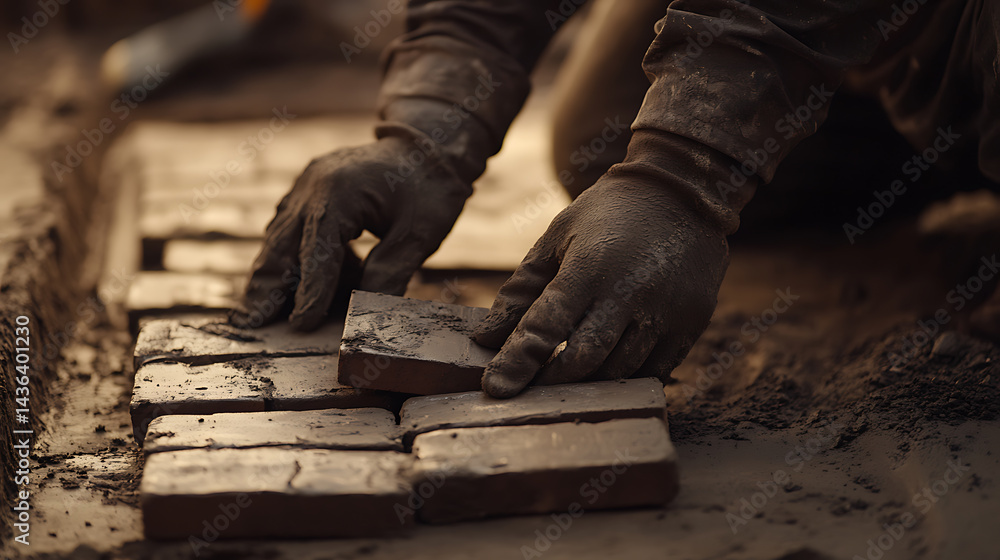 Close-up of Hands Laying Bricks in Mud Close-up of Hands Laying Bricks in Mud