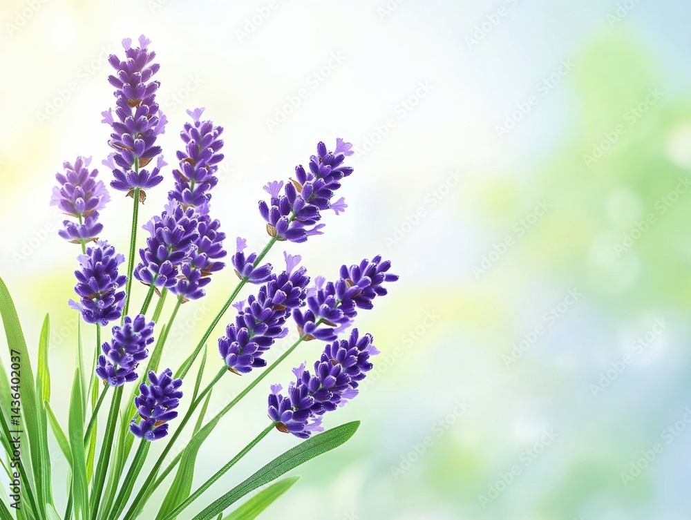 Fototapeta premium Vibrant purple lavender blossoms against a soft, blurred background of green and blue hues, suggesting a tranquil outdoor setting