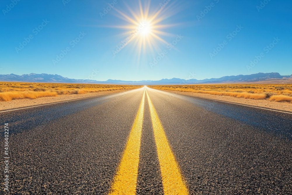 Fototapeta premium Sun shining over an empty road, casting long shadows.
