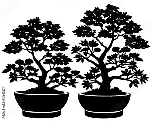 Two Black Silhouette Bonsai Trees in Pots