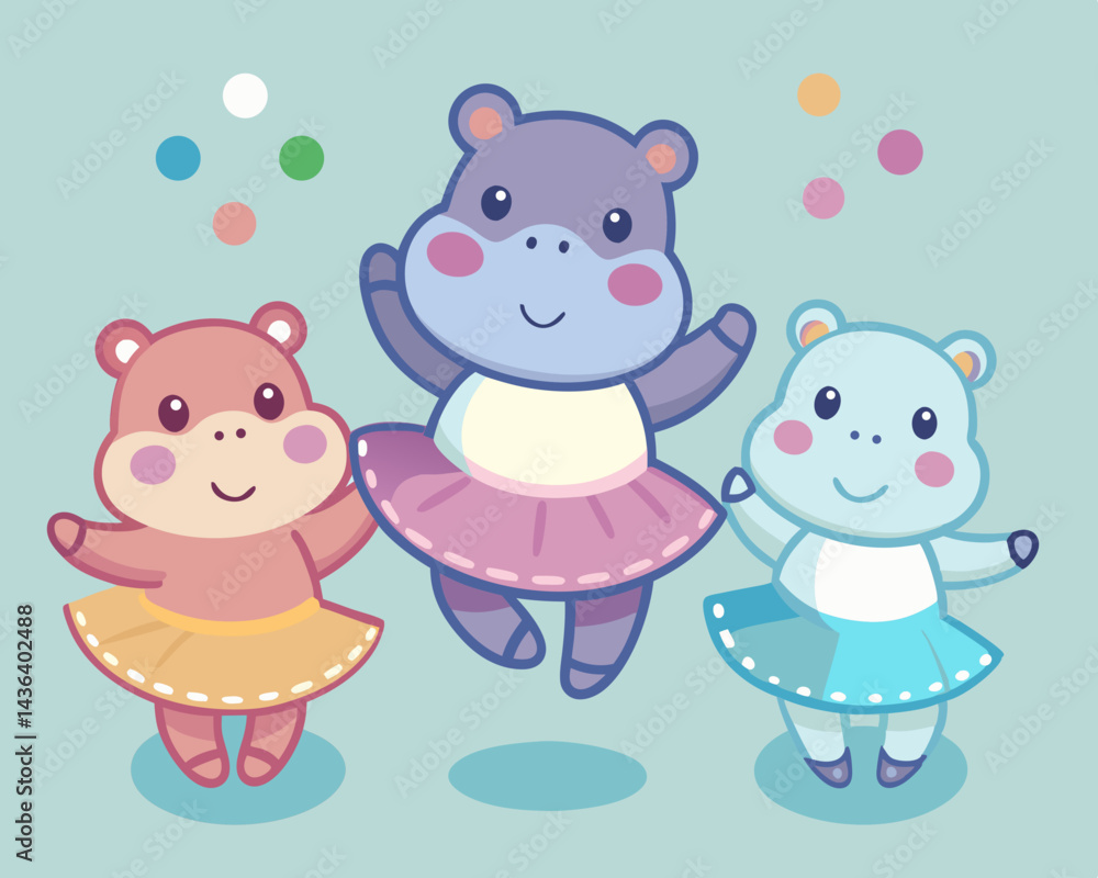 Naklejka premium Three Adorable Hippos in Tutu Skirts Dancing Joyfully
