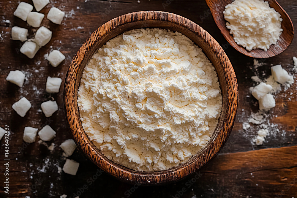 rice flour with raw rice pot on the side, culinary ingredient rice flour with raw rice pot on the side, culinary ingredient