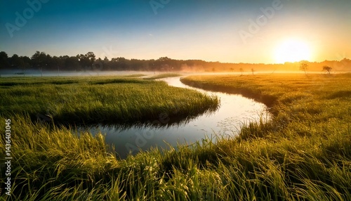 Río brumoso que serpentea a través de exuberantes humedales verdes al amanecer, fotografía hiperrealista,