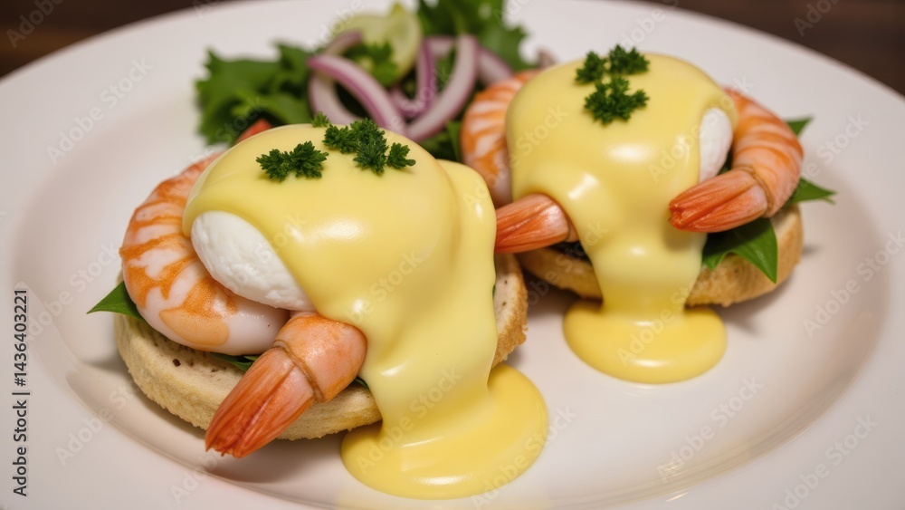 Shrimp Benedict with Hollandaise Sauce on English Muffins, Gourmet Breakfast Brunch Shrimp Benedict with Hollandaise Sauce on English Muffins, Gourmet Breakfast Brunch
