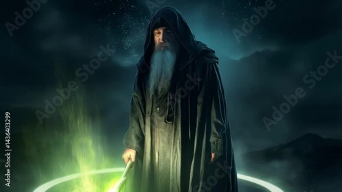 A long-haired man in a robe holds a glowing object. Smooth repetitive motion for background video animation.
