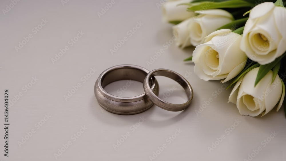 Wedding Rings and White Roses: Symbol of Love and Commitment, Wedding Jewelry, Marriage Ceremony, Romantic Bouquet Wedding Rings and White Roses: Symbol of Love and Commitment, Wedding Jewelry, Marriage Ceremony, Romantic Bouquet