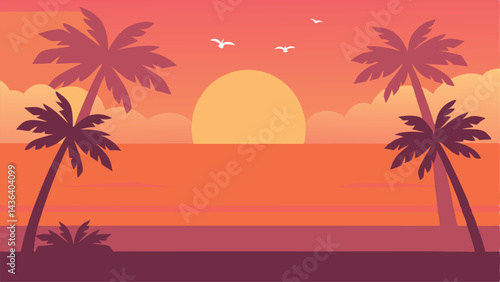 Tropical beach landscape with palm trees and sea — summer resort bathed in sunset colors and scattered clouds.