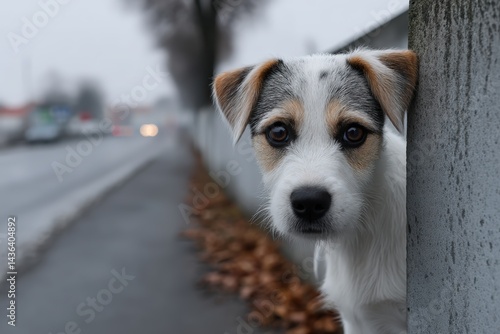 Fototapeta Naklejka Na Ścianę i Meble -  Curious dog peeking from behind a wall on a foggy street in the city during winter