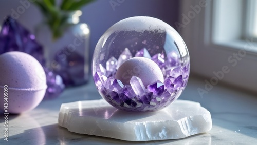 Wallpaper Mural enchanting purple crystals in glass ball on marble stand Torontodigital.ca
