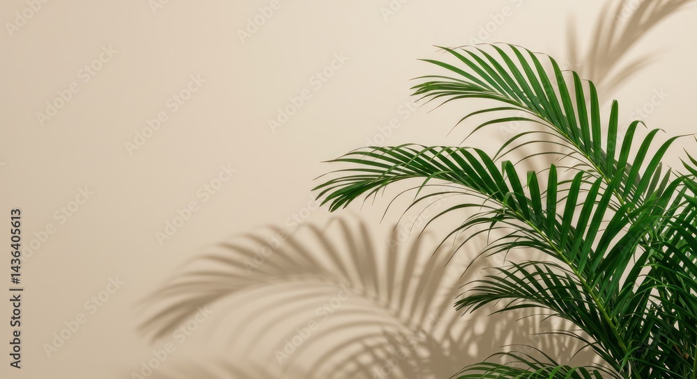 custom made wallpaper toronto digitalGreen palm fronds cast shadows on a neutral beige wall background.