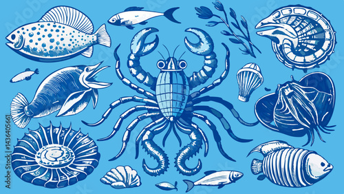 Blue Watercolor Style Sea Life Collection Underwater Illustration