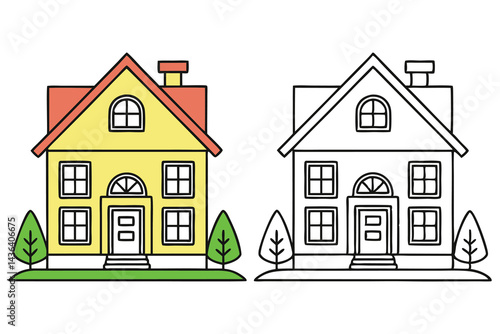 Cute House with Outline Version, Roof, Chimney, Door, Trees