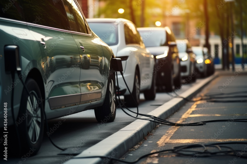 Fototapeta premium Electric Vehicles . Electric Car. Electric Vans Charging at Station. Eco-Friendly Transportation Concept with Copy Space. Row of Electric Delivery Vehicles Being Charged. Clean Energy Mobility.