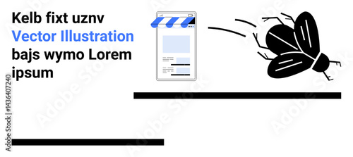 Digital storefront on smartphone screen paired with buzzing fly movement. Ideal for e-commerce, online shopping, distraction, marketing, abstract design, business, simple landing page