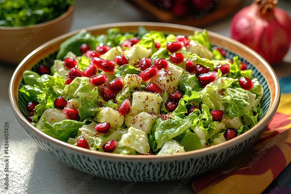 Fresh pomegranate and cucumber salad with lettuce in decorative bowl Fresh pomegranate and cucumber salad with lettuce in decorative bowl