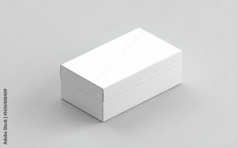 White horizontal rectangle blank box from top side far angle. Branding package of cardboard square. Cardbox with empty cover for advertising and marketing. Packaging destined for shipping