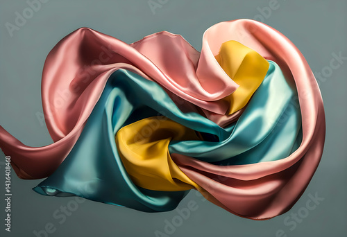 Tecidos abstratos em tons pastel em dobras fluidas. Cetim rosa, azul-petróleo e dourado criando uma textura suave e elegante