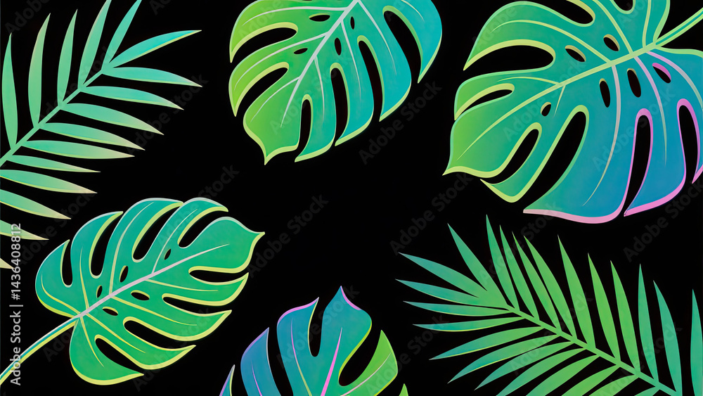 Naklejka premium Different neon tropical leaves on black background 