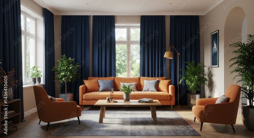 Fototapeta premium Warm Living Room with Orange Sofa Blue Curtains and Natural Light