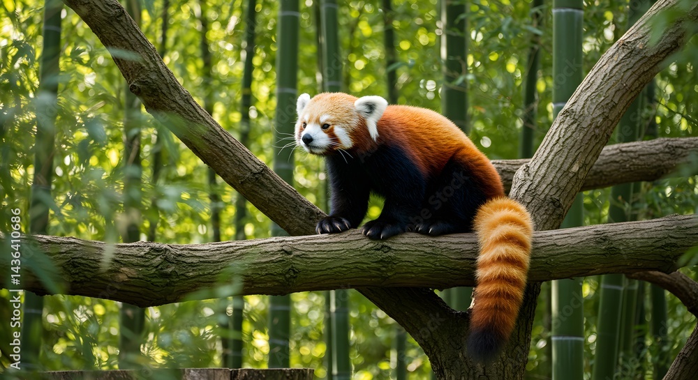 Fototapeta premium A charming red panda with striking orange fur is perched on a tree branch in a bamboo forest setting.