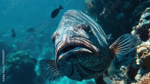 Underwater Gaze: A Close Encounter with a Reef Grouper in its Habitat