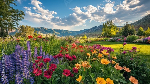 Vibrant flower garden with mountains in the background