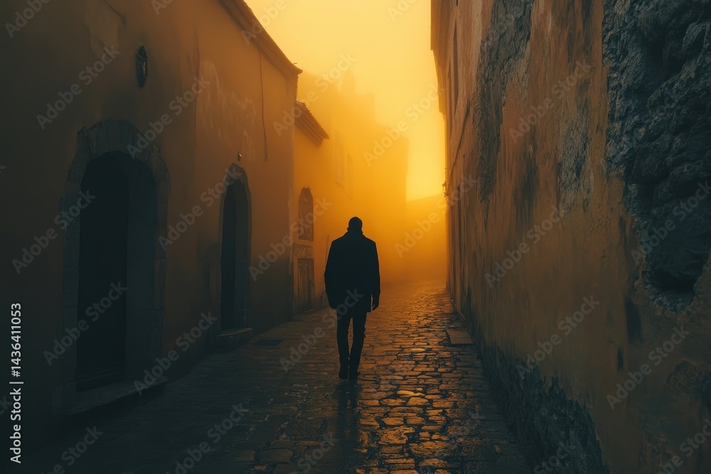Fototapeta premium Man walking alone in foggy village alley with yellow light