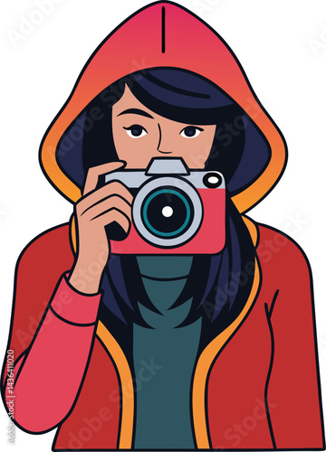 Girl taking photo with camera illustration in cartoon hoodie style.