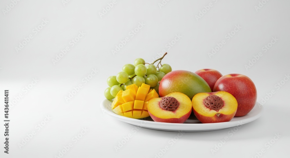 Plate with fresh fruits including grapes mango peach and apple on white background. Plate with fresh fruits including grapes mango peach and apple on white background.
