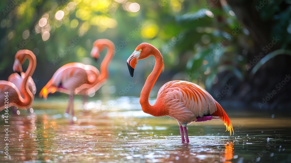Fototapeta premium A group of pink flamingos wading in shallow water