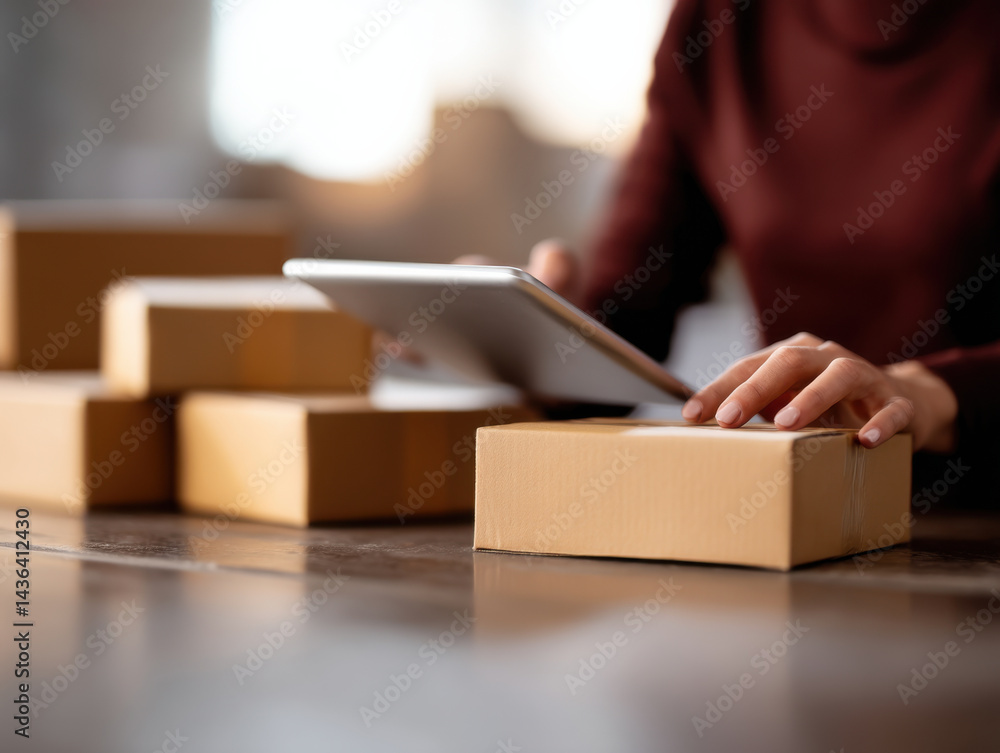 © Nakarin - Person handling cardboard box and using tablet for logistics, showing eco conscious packaging and careful work in warm setting