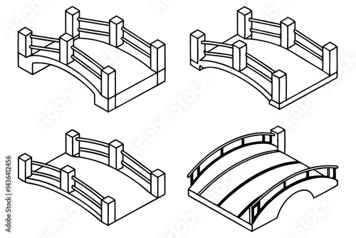 Four Isometric Bridge Illustrations with White Background and Black Outline