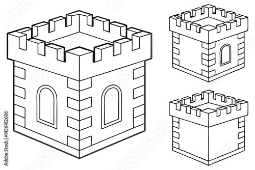 Isometric Outlined Castle Towers Grouped, Black Linear Design on White Background