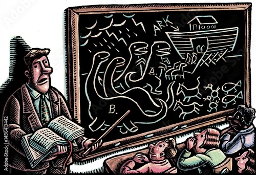 Photography white male teacher at blackboard explaining how dinosaurs were on Noah's ark, an