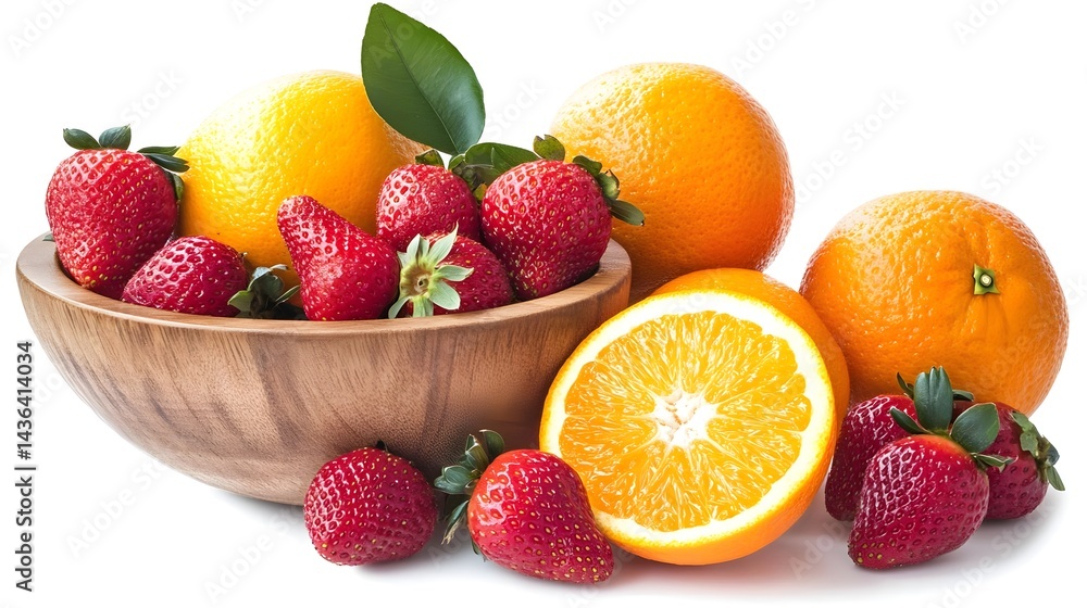 Wooden Bowl Filled with Fresh Strawberries and Oranges Wooden Bowl Filled with Fresh Strawberries and Oranges