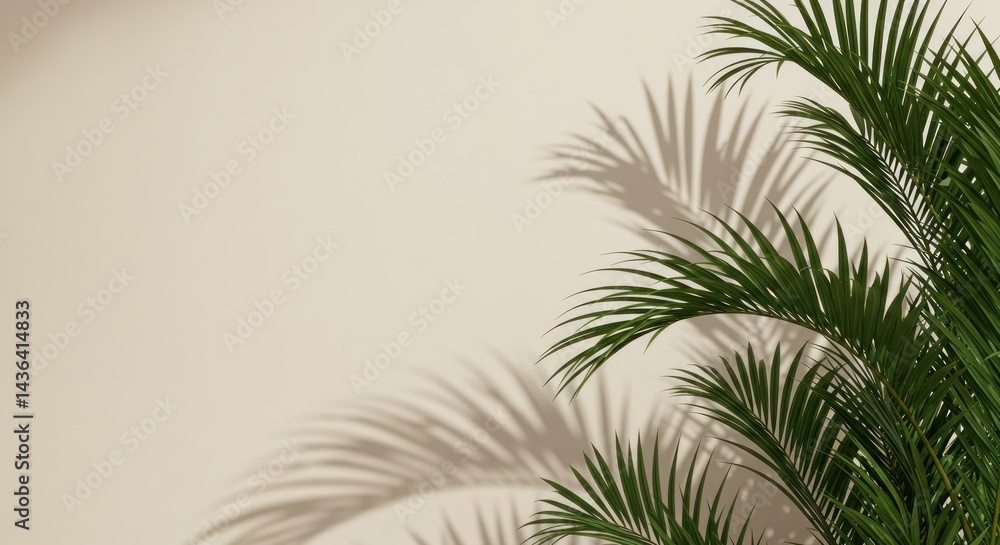 Palm leaves against a beige wall create a simple tropical indoor scene. Palm leaves against a beige wall create a simple tropical indoor scene.
