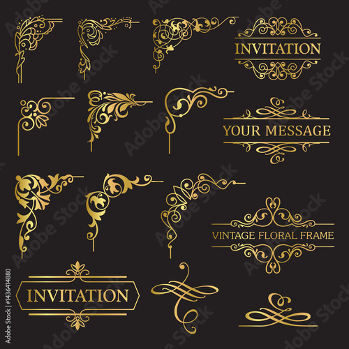 Gold Corners and Borders Decorative Vintage Frames Design Elements Set